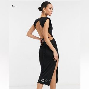 Asos high neck shoulder pad tie waist midi dress in black